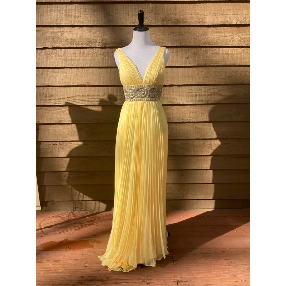 Sherri Hill 11189 Yellow Pleated Chiffon Beaded Waist Formal Gown Dress Size 0